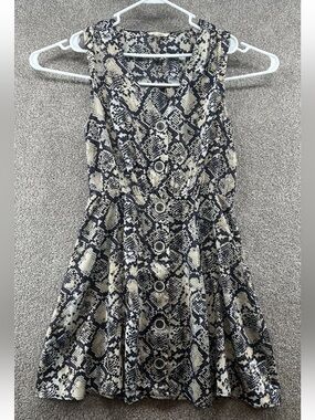 Sandy & Sid Sleeveless Beige and Black Snake Print Button-Front Dress